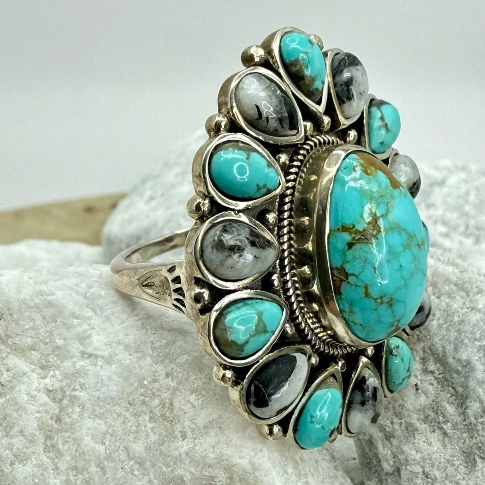 NWT Sierra Nevada Turquoise & White Buffalo Halo Ring 12.90ctw Sterling Silver 8